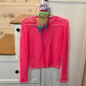 Rue 21 mesh long sleeve top, Claire’s oversized hoop earrings, mesh hand warmers